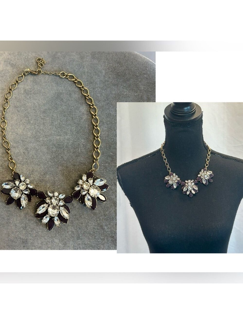 J. Crew plum purple clear Crystal gem jewelled flower statement necklace